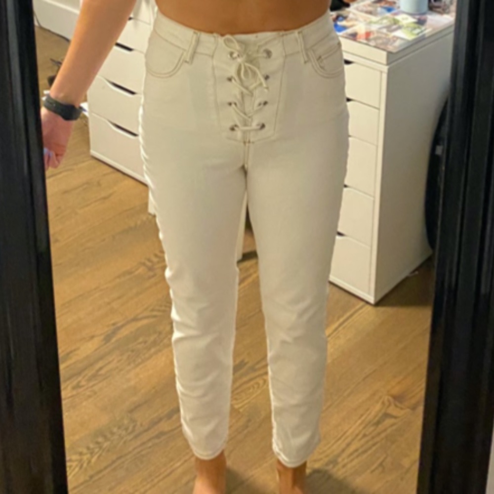 White Lace-up Denim Pants